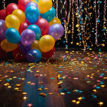 Lots of colorful festive balloons and confetti. High quality photo.