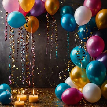 Lots of colorful festive balloons and confetti. High quality photo.