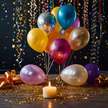 Lots of colorful festive balloons and confetti. High quality photo.