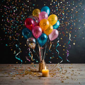 Lots of colorful festive balloons and confetti. High quality photo.