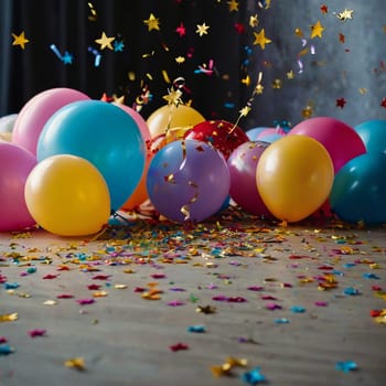 Lots of colorful festive balloons and confetti. High quality photo.