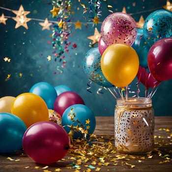 Lots of colorful festive balloons and confetti. High quality photo.