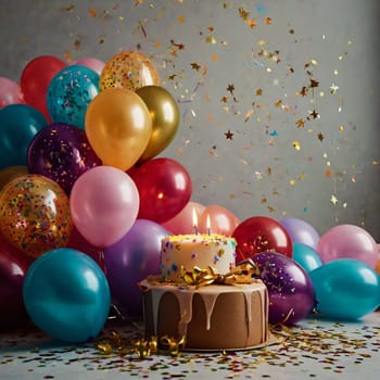 Lots of colorful festive balloons and confetti. High quality photo.