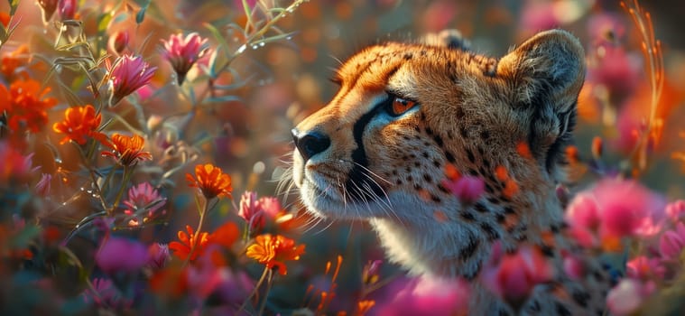 A close-up portrait of a cheetah looking up and to the right, surrounded by a blur of colorful wildflowers. The cheetahs fur is a rich brown with black spots, and its eyes are a bright orange. The background is a soft golden color, suggesting the time of day is late afternoon or early evening.