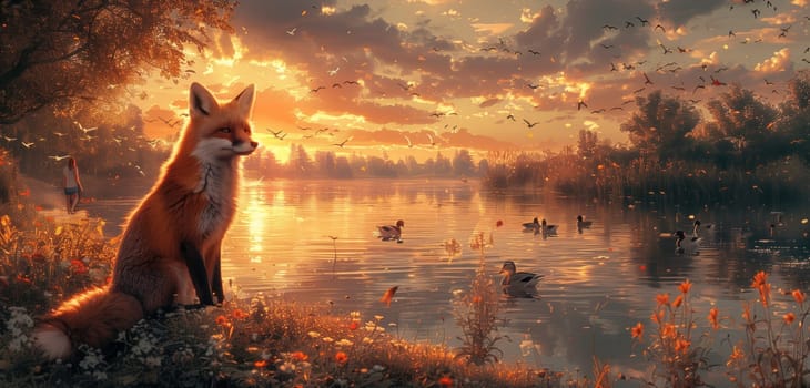 A red fox sits on the bank of a calm lake, watching the sunset with a serene expression. The lake is surrounded by lush greenery, and the sky is ablaze with fiery orange and yellow hues. Birds fly overhead, adding to the peaceful atmosphere of the scene.