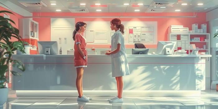 Two women, one in a red dress and the other in a white coat, stand talking at a pharmacy counter. The pharmacy has bright white walls, a white counter, and shelves full of medicine. The room is lit by bright overhead lights, and there is a plant in the corner. It is daytime.