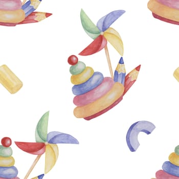 Stacking rings tower, pinwheel and crayons. Colored pencils and toys watercolor. Baby seamless pattern. Textile print for kids clothes, children's nursery wallpaper, wrapping paper, scrapbooking