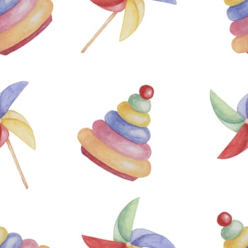 Baby seamless pattern with pinwheel and wooden rings pyramid. Toys in watercolor. Simple ornament. Hand drawn textile print for kids clothes, children's nursery wallpaper, wrapping paper, scrapbooking