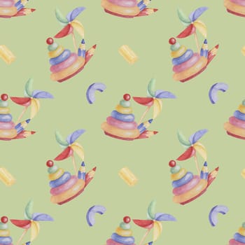 Stacking rings tower, pinwheel and crayons. Colored pencils and toys watercolor. Baby seamless pattern. Textile print for kids clothes, children's nursery wallpaper, wrapping paper, scrapbooking