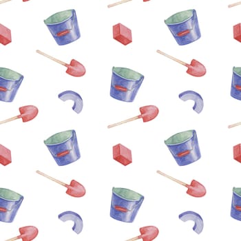 Bucket and shovel toys baby seamless pattern. Beach sand play objects. Watercolor Textile print with gardening tools for kids clothes, children's nursery wallpaper, wrapping paper, scrapbooking