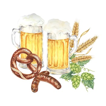 Oktoberfest composition in watercolor. Frothy mugs with light lager beer, grilled sausages, salty soft pretzel, barley ears and green hops. Clipart for festive designs, card, brewery, flyer, coaster