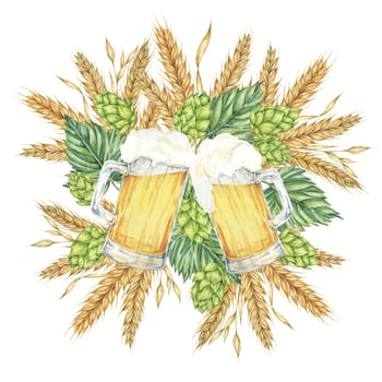 Frothy beer mugs with light lager and barley ears, wheat stalks and green hops around. Cheers or Oktoberfest composition in watercolor. Clipart for festive designs, card, brewery, flyer, coaster