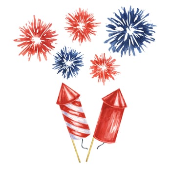 Fourth of July banner. Red, Blue firecrackers and fireworks bursts. Independence day national holiday template. Hand drawn watercolor 4th of July clipart for cards, flyers, invitations, stickers