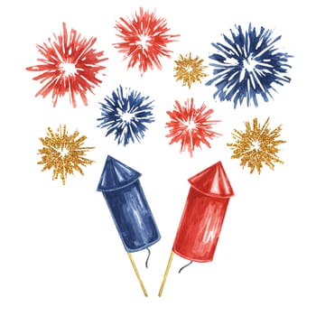 Fourth of July banner. Red, Blue firecrackers and fireworks bursts. Independence day national holiday template. Hand drawn watercolor 4th of July clipart for cards, flyers, invitations, stickers
