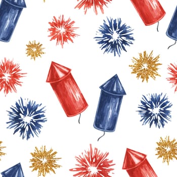 Fourth of July seamless pattern. Red, Blue firecrackers and fireworks bursts. Independence day holiday background. Hand drawn watercolor 4th of July clipart for wrapping paper, gifts, textile, napkins