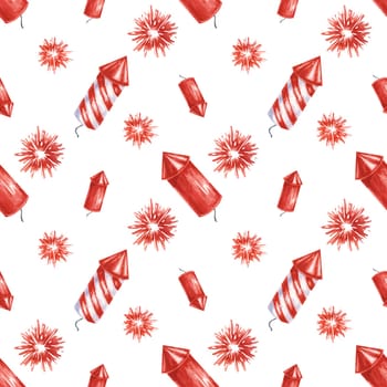 Fourth of July seamless pattern. Red, Blue firecrackers and fireworks bursts. Independence day holiday background. Hand drawn watercolor 4th of July clipart for wrapping paper, gifts, textile, napkins