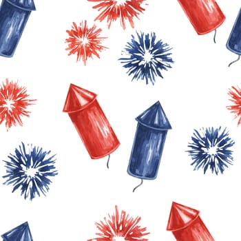 Fourth of July seamless pattern. Red, Blue firecrackers and fireworks bursts. Independence day holiday background. Hand drawn watercolor 4th of July clipart for wrapping paper, gifts, textile, napkins