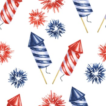 Fourth of July seamless pattern. Red, Blue firecrackers and fireworks bursts. Independence day holiday background. Hand drawn watercolor 4th of July clipart for wrapping paper, gifts, textile, napkins