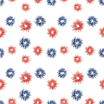 Fourth of July seamless pattern. Red, Blue fireworks bursts backdrop. Independence day holiday background. Hand drawn watercolor 4th of July clipart for wrapping paper, gifts, textile, napkins