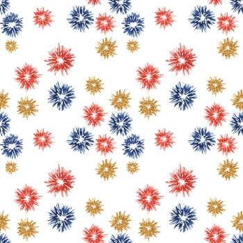 Fourth of July seamless pattern. Red, Blue fireworks bursts backdrop. Independence day holiday background. Hand drawn watercolor 4th of July clipart for wrapping paper, gifts, textile, napkins