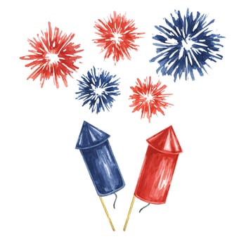 Fourth of July banner. Red, Blue firecrackers and fireworks bursts. Independence day national holiday template. Hand drawn watercolor 4th of July clipart for cards, flyers, invitations, stickers