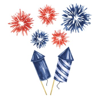 Fourth of July banner. Red, Blue firecrackers and fireworks bursts. Independence day national holiday template. Hand drawn watercolor 4th of July clipart for cards, flyers, invitations, stickers