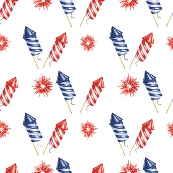 Fourth of July seamless pattern. Red, Blue firecrackers and fireworks bursts. Independence day holiday background. Hand drawn watercolor 4th of July clipart for wrapping paper, gifts, textile, napkins