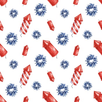 Fourth of July seamless pattern. Red, Blue firecrackers and fireworks bursts. Independence day holiday background. Hand drawn watercolor 4th of July clipart for wrapping paper, gifts, textile, napkins