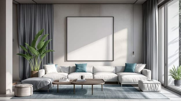 A spacious modern living room featuring a large, comfortable white sofa adorned with cushions, a framed blank canvas on the wall, and sunlight filtering through the curtains - Generative AI