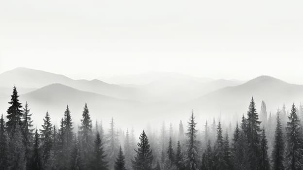 Layers of forested hills shrouded in morning mist present a serene, monochromatic view - Generative AI