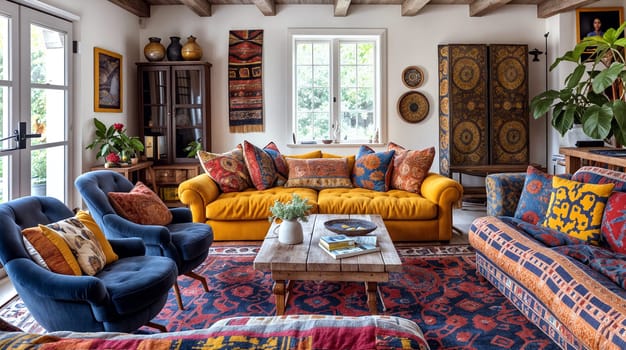 A warmly lit bohemian living room featuring a mustard yellow sofa, colorful throw pillows, patterned rugs, and a variety of decorative objects, exuding a bohemian aesthetic - Generative AI