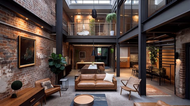 A spacious loft featuring exposed brick walls, plush leather sofas, and a variety of green plants beneath a skylight, creating a harmonious blend of industrial design and nature - Generative AI