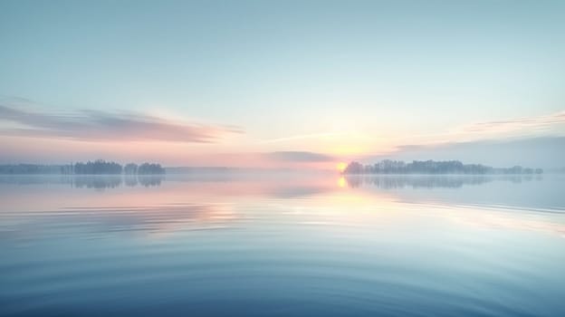 A beautiful, serene lake with a pink and purple sky in the background.