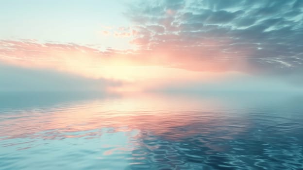 A beautiful, serene lake with a pink and purple sky in the background.