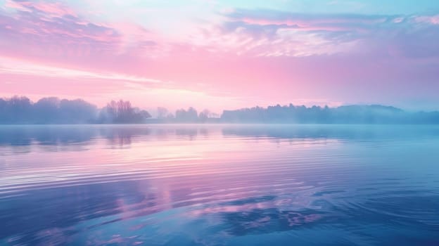 A beautiful, serene lake with a pink and purple sky in the background. The water is calm and still, reflecting the sky and the trees in the distance. Concept of peace and tranquility