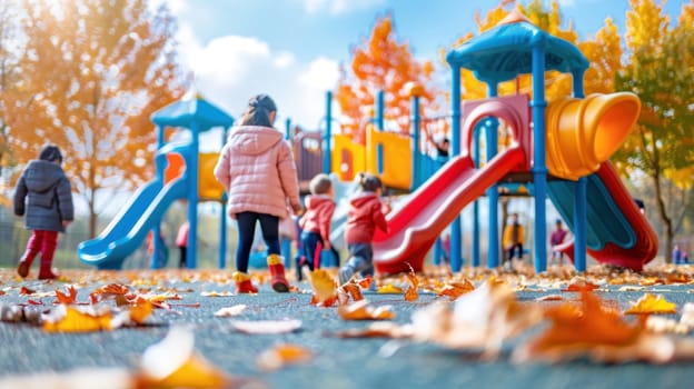 A group of children playing at a park with a slide and a swing.