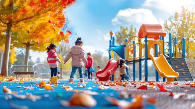 A group of children playing at a park with a slide and a swing.