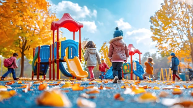 A group of children playing at a park with a slide and a swing.