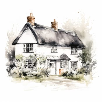 Fine art drawing, watercolour painting of the English countryside cottage, evoking a sense of tranquility and natural beauty, printable art design