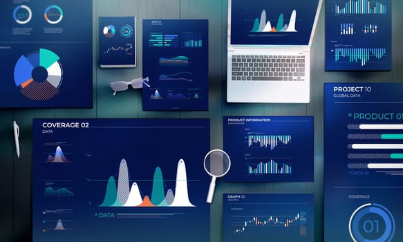 Top view of documents with business data charts on an office table.