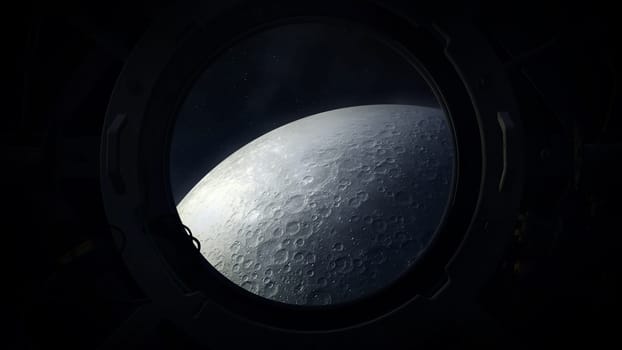 The moon is visible from a spaceship approaching it.