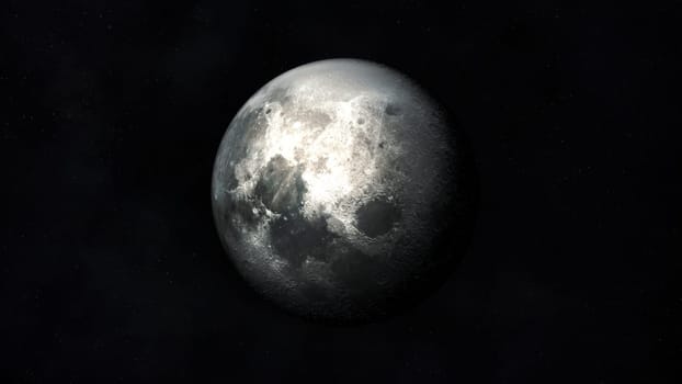 View of the realistic moon in dark gray colors against the background of outer space.