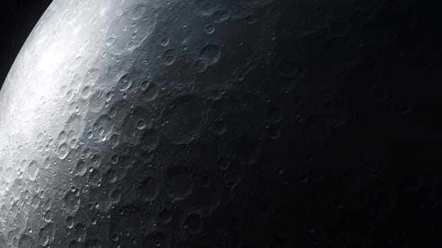 Close up view of the surface of the moon in dark gray colors.