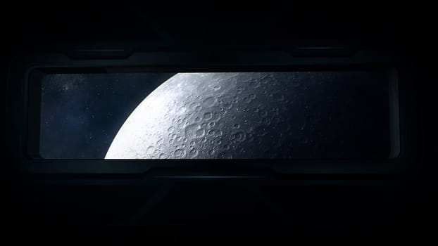 The moon is visible from the window of the spacecraft.