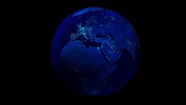 Earth from space on black background showing Africa, Europe and Asia. The night half of the Globe.