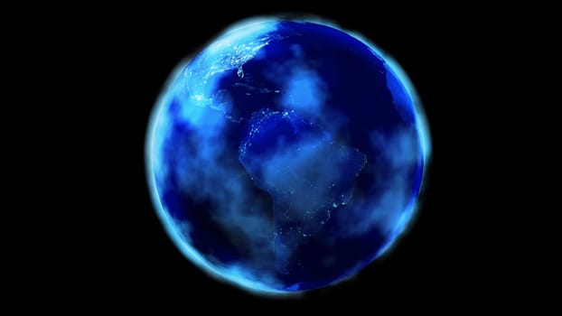 Earth from space covered with clouds on black background showing North and South America. The night half of the Globe.