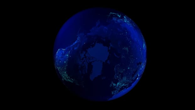 Earth from space on black background showing North America, Asia and Europe. The night half of the Globe.