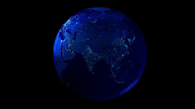 Earth from space on black background showing Africa, Asia and Oceania. The night half of the Globe.