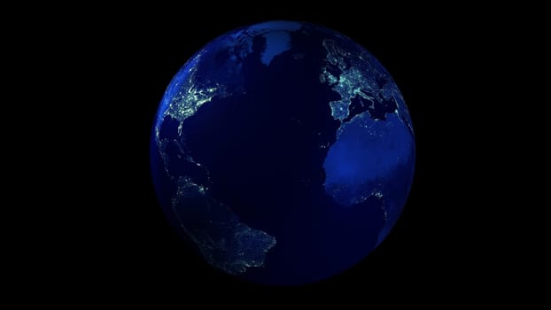 Earth from space on black background showing North and South America, Europe and Africa. The night half of the Globe.