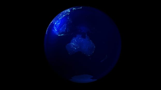 Earth from space on black background showing Asia, Oceania, Australia and Antarctica. The night half of the Globe.